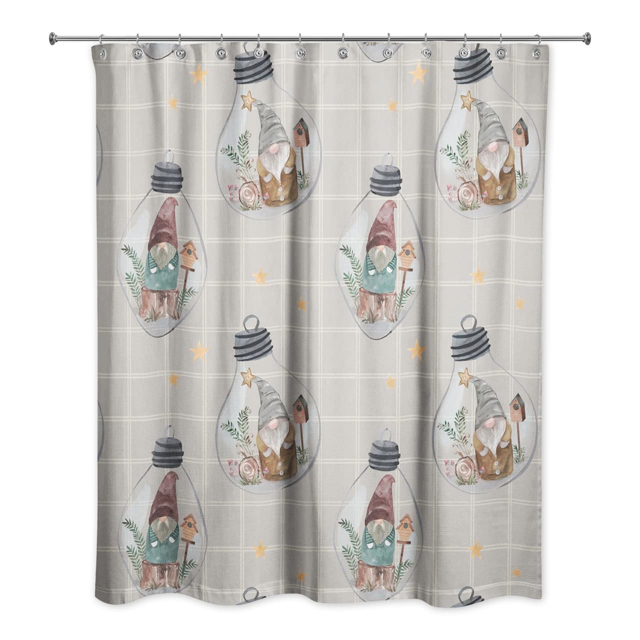 Gray and White Check Gnome Globe Pattern Shower Curtain